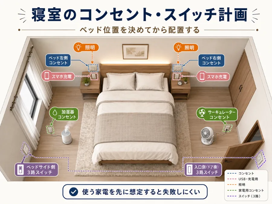 寝室のコンセントとスイッチ計画