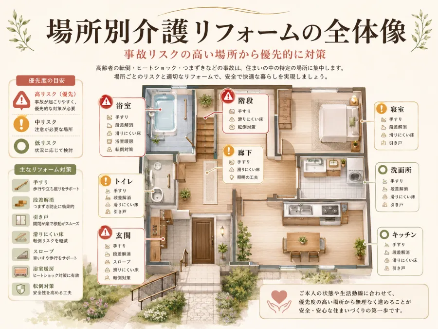 【場所別】介護リフォームの費用相場と工事内容｜玄関・トイレ・浴室・階段までわかりやすく解説