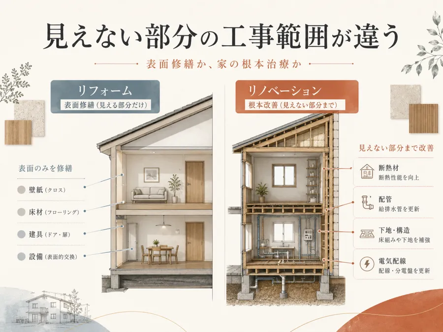 リフォームとリノベーションで見えない部分の工事範囲が違う