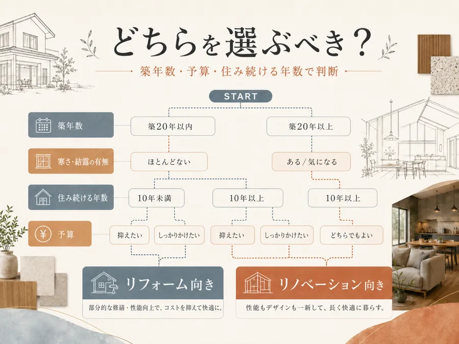 リフォームとリノベーションのどちらを選ぶべきかを判断する図
