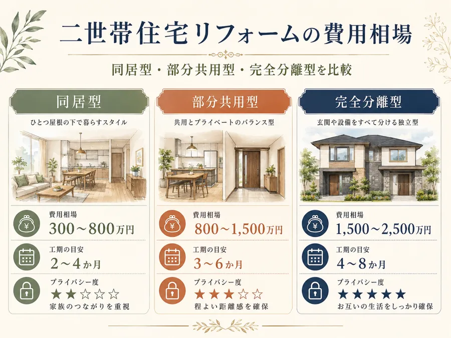 二世帯住宅リフォームの費用相場｜完全分離・部分共用・同居型の比較【2026年版】