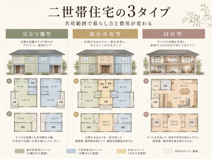 二世帯住宅の完全分離型・部分共用型・同居型の違い